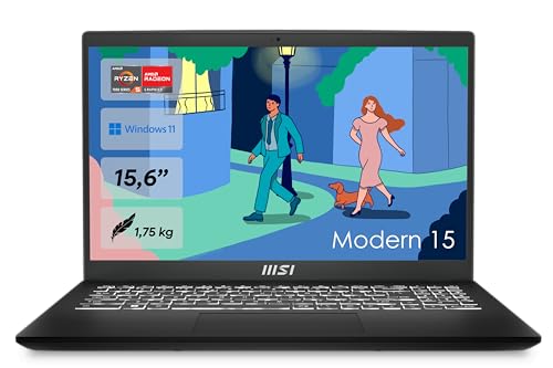 MSI Modern 15 Lifestyle & Business Laptop, 15,6 Zoll Full HD Display, AMD Ryzen 5 7430U Prozessor, 16 GB DDR4 RAM, 512GB SSD, AMD Radeon Graphics, Windows 11 Home, Schwarz, B7M-463