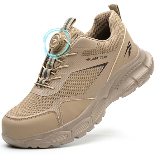 GUDECIUS Arbeitsschuhe Herren Damen Sicherheitsschuhe Leicht Stahlkappenschuhe Arbeitsschutzschuhe mit Stahlkappe Arbeit Versicherung Schuhe Unisex Atmungsaktiv rutschfest Khaki 46 EU