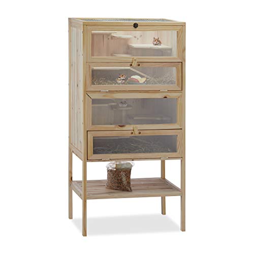 Relaxdays Hamsterkäfig aus Holz, 3 Etagen, Klappen, Sichtfenster, Gitterdach, Nagerkäfig XXL, HBT: 120x60x40 cm, natur