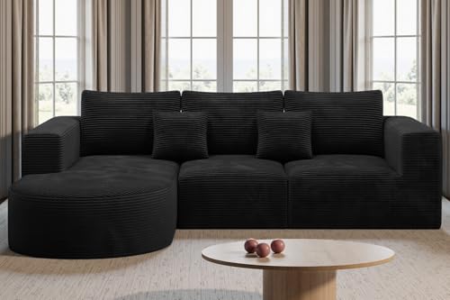 Hawthyhome Sofa mit Schlaffunktion rahmenloses Ecksofa L-Form Couch Installation-Free Cordstoff Ecksofa mit Links-Chaiselongue für Wohnzimmer 3 sitzer 264x177x59cm Schwarz