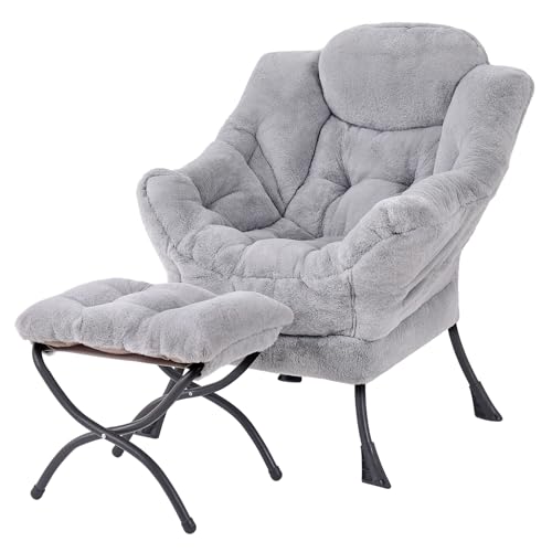 Welnow Lazy Chair mit Ottomane, moderner Lounge-Akzentstuhl mit Armlehnen und Einer Seitentasche, gepolstertes Sofa-Stuhl-Set für die Freizeit, Lesestuhl mit Fußstütze für kleine Räume, Eckstuhl