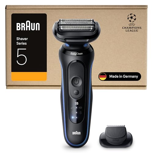 Braun Series 5 Elektrorasierer Herren, Rasierapparat mit 50 Min. Akkulaufzeit, mit Präzisionstrimmer-Aufsatz, Kabelloser Nass- und Trockenrasierer für Männer, Wasserdicht, 52-B1200si, Blau