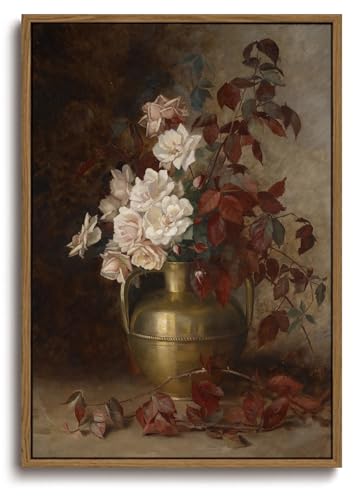 KISSFOX Gerahmte Vintage-Wandkunst, dunkle Rose, florales Stillleben, Leinwand-Kunstdrucke, stimmungsvoll, Boho, rustikale Bauernhaus-Bilder, Wanddekoration, Landhausstil, Antikgemälde, Kunstwerk für