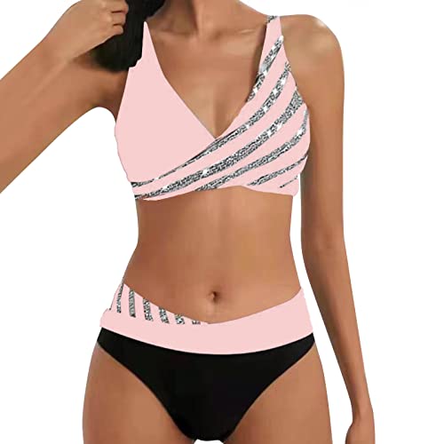 Allegorly Damen Bikini Set Triangel Breites Unterbrustband Bademodes Zweiteiliger Badeanzug Wickeloptik Lace Up Bikini Bademodes V Ausschnitt Blumenmuster Zweiteiliger Badeanzug (HJ1D-Pink, L)