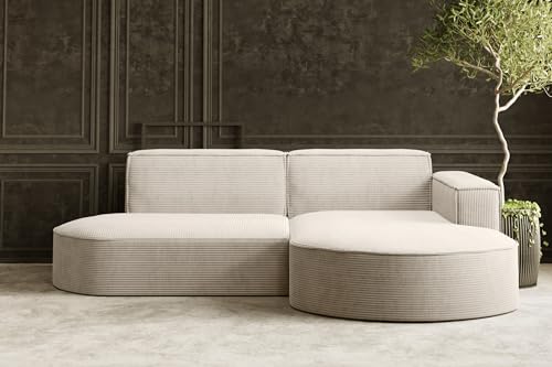 Kaiser Möbel - Ecksofa mit Wohnlandschaft, Eckcouch L-Form, Sofa 3-sitzer, Polstersofa, Bequemes Couch mit Ottomane für Wohnzimmer, Relaxsofa, Stilvolles Cord Sofa, Modena Studio, Beige, Rechts