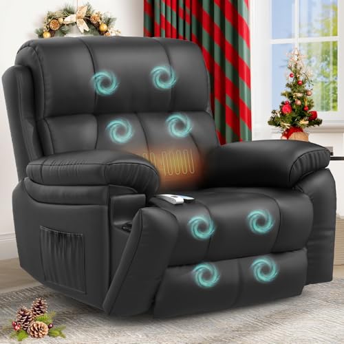 YONISEE Fernsehsessel Relaxsessel Elektrisch Massagesessel mit Liegefunktion Aufstehhilfe, Massage Heizung, Fußteil, 2 Seitentaschen Getränkehalter, TYP C USB-Anschlüsse Liegen Leder (Schwarz)