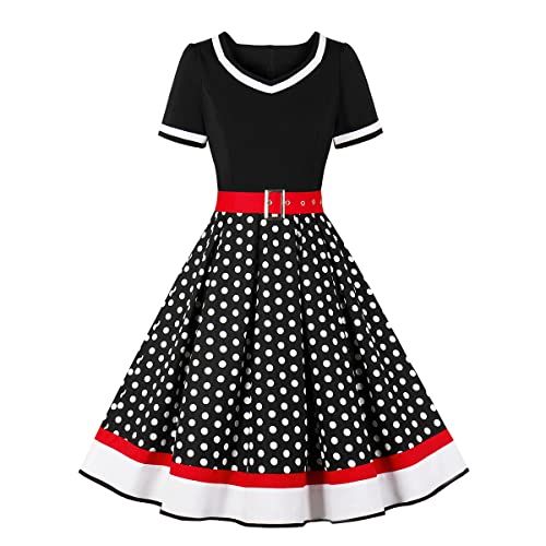 Rockabilly Kleider Damen 50er Jahre Petticoat Kleid Vintage Audrey Hepburn Kurzarm V-Ausschnitt Polka Dot Swing Coctailkleid Hochzeit Gast Festlich Knielang Sommerkleid Abendkleid Schwarz S