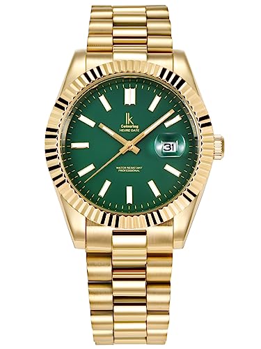 Alienwork Armbanduhr Herren Damen Gold Edelstahl Metallarmband Kalender Datum Grün Klassik Elegant