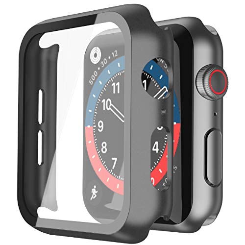 Misxi Schwarz Hard Hülle Mit Glas Displayschutz Kompatibel mit Apple Watch SE 3 (2025) / SE2 / SE/Series 6 /Serie 5 / Series 4 44mm, 2-Stück
