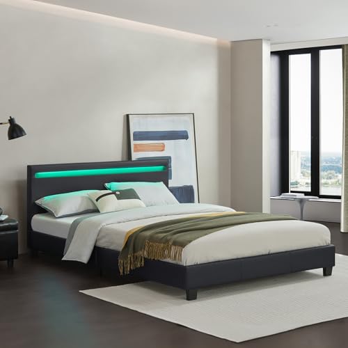 Juskys Polsterbett Paris 140x200 cm mit LED Beleuchtung, Lattenrost & Kopfteil - Kunstleder & Holz - schwarz - Bett Jugendbett Bettgestell