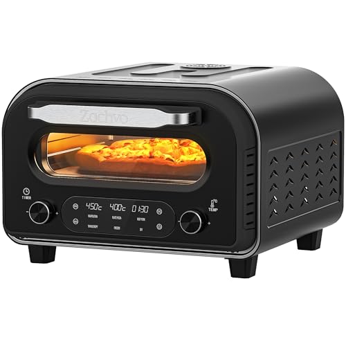 ZACHVO Elektrischer Pizzaofen - bis 450℃, 5 voreingestellte Pizzaarten, 1-60 Min Timer, Touchscreen & Drehregler, Edelstahlgehäuse, für 32cm Pizza, inkl. Pizzastein, Pizzaschieber, Rezeptbuch, Schwarz