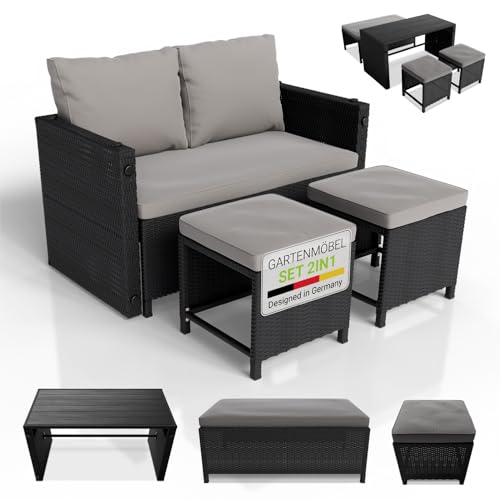 Juskys 2in1 Polyrattan Relax Gartenmöbel Set Jamaika - Tisch, Gartenlounge Sofa - Balkonmöbel Sitzgruppe für Balkon, Garten - Outdoor Lounge schwarz/grau