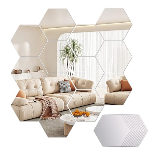 uinnossvc 12 Stück Spiegelfliesen Selbstklebend, Hexagon Spiegel zum Kleben, Klebespiegel Fliesenspiegel Acryl Spiegel Wand für Zimmer,Schlafzimmer Aesthetic,Bett,Wall,Living Room,Flur Deko