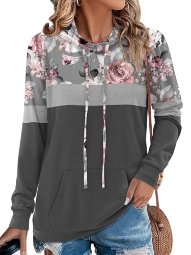 Chicrise Kapuzenpullover Für Damen Langarm Rundhals Pullover Mit Taschen Farbblock Mode Kleidung Rose Grau 2X Groß 50-54
