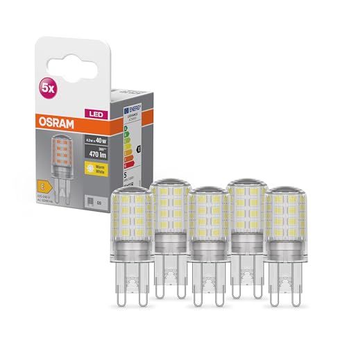 Osram Star PIN LED-Lampe für G9-Sockel, klares Glas,Warmweiß (2700K), 470 Lumen, Ersatz für herkömmliche 40W-Ersatz, Leuchtmittel, nicht dimmbar, 5-er Pack