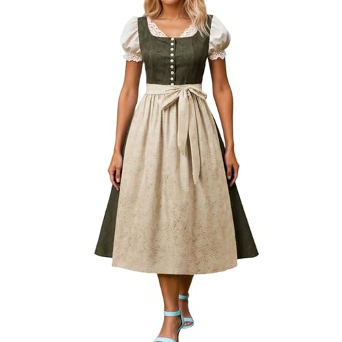 Henagehde Dirndl Lang mit Knöpfen Oktoberfest Damen Outfit, Set 2 Teilig Inkl. Kleid Festlich Große Größen und Dirndlschürzen. Mode Trachtenkleid Modern Dirndl-Komplettsets Dirndlkleid für Party