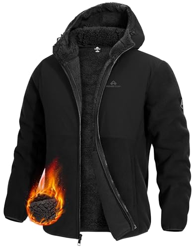 Pioneer Camp Herren Winterjacke mit Sherpa Futter Fleecejacke mit Kapuze warm weich Übergangsjacke für Alltag Wandern Camping Arbeit(New Black;M)