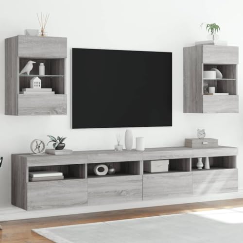 Homgoday TV-Wandschränke mit LED-Leuchten 2 STK. Schrankwand Fernsehschrank mit viel Stauraum, Anbauwand Wandmontage TV Möbel für Wohnzimmer Schlafzimmer Grau Sonoma