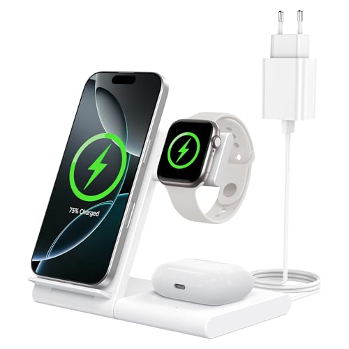 3 in 1 Kabellose Ladestation für Apple Watch und iPhone, WATOE Schnellladegerät für iPhone 16/15/14/13/12/11/Pro/Max, Apple Watch Ultra/10/9/8/7/6/SE/5/4/3, AirPods Pro/4/3/2