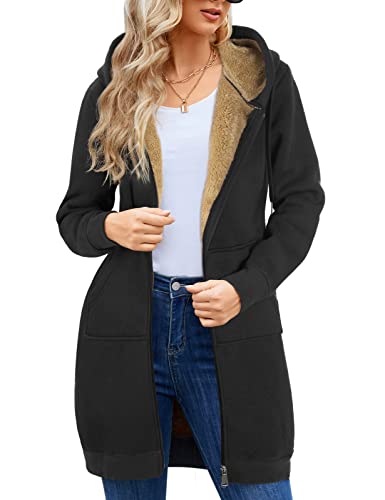 RITOSTA Damen Hoodie Fleecejacke Kapuzenjacke mit Zip Winterjacke Lang Sweatjacke Warme Plüschjacke Pullover Einfarbig Casual Mantel Winter Kapuzenpullover Mit Kapuze Reißverschluss