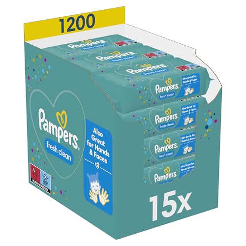 Pampers Fresh Clean Feuchttücher 15 Packungen mit 80 Stück, 1200 Feuchttücher, milder Duft, auch für Hände und Gesicht geeignet