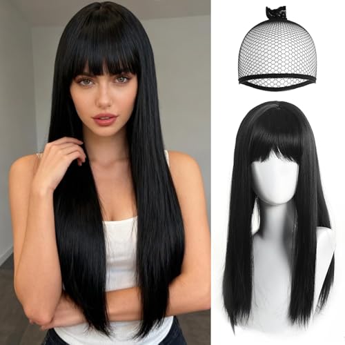 ZXTGBQ 26 Zoll Schwarz Perücken für Frauen Lange Gerade Schwarze Perücken Synthetisches Haar für Tägliche Party Cosplay Verwendung