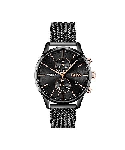 BOSS Chronograph Quarz Uhr für Herren mit Schwarzes Edelstahl-Mesh-Gliederarmband - 1513811