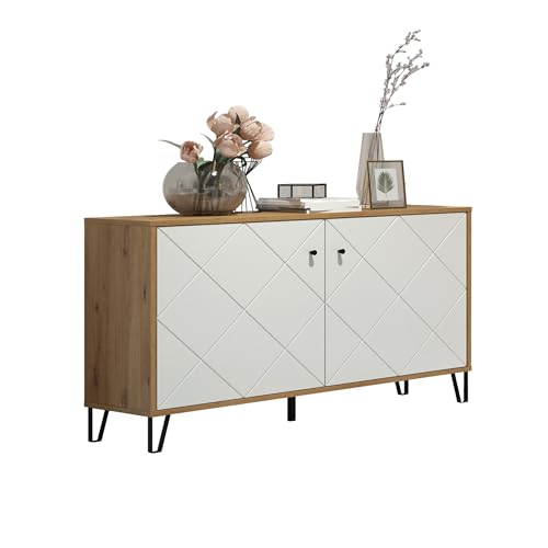 trendteam smart living - Touch - Sideboard - Artisan Eiche/Weiß - Kommode mit 2 Türen und 4 Fächern - (BxHxT) 123 x 76 x 40 cm - Wohnzimmerschrank mit modernen Metallfüßen - kratzfest