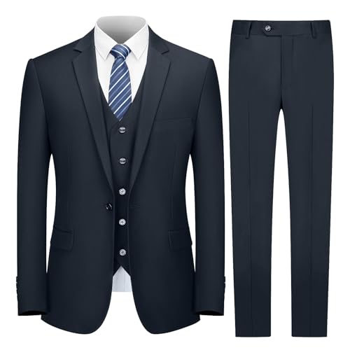 Cooper & Nelson Herrenanzug Slim Fit, 3-teilige Anzüge für Männer, EIN-Knopf-Jacke, Weste, Hose mit Krawatte, Smoking-Set, Dunkles Marineblau, M