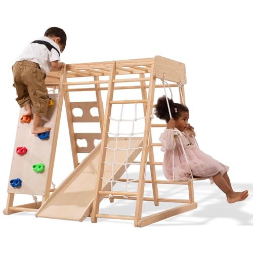 Giant bean 5-in-1 Montessori Kletterdreieck mit Kletterbogen und Rutsche, Holzdreieck für Kleinkinder ab 2-5, Indoor Kletterspielzeug, Regenbogen mit Griff (8 in 1)