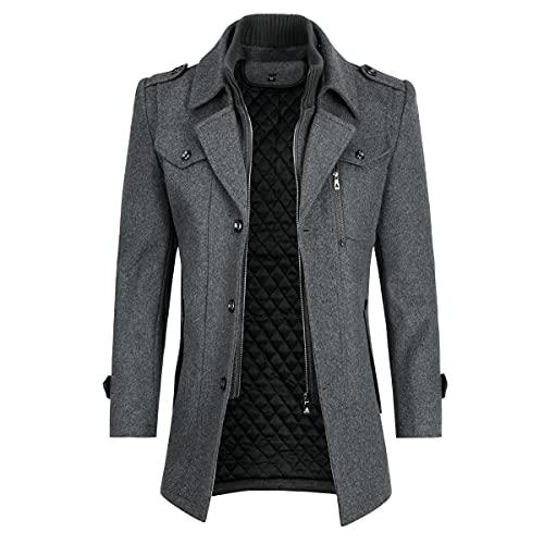 YOUTHUP Herren Wintermantel Wolle Winter Kurzmantel Mittellang Wollmantel Kurz Winterjacke für Business Freizeit, Grau-Dick, XL