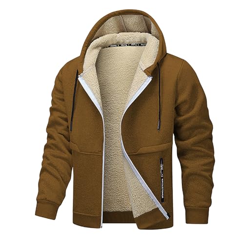 XCXC Herren Fleecejacke mit Kapuze und Reißverschluss Männer Einfarbige Gefütterte Winterjacke Kapuzenjacke mit Kordelzug Taschen Sweatjacke Freizeitjacke für Alltag