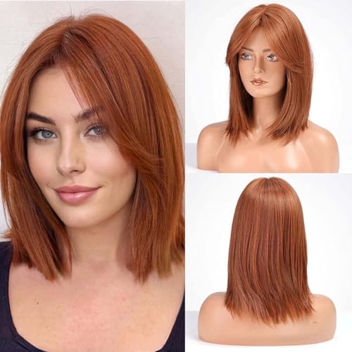 HAIRCUBE Damen Perücke 16 Zoll Auburn Perücke Damen Vorhang Pony Frauen Perücken Synthetische Perücke mit Bangs Welle Perücke für Täglich und Cosplay