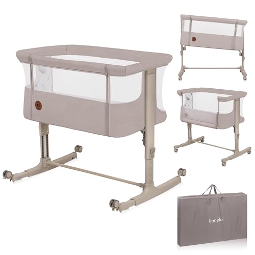 Lionelo Aurora 3 in 1 Babybett bis 9 kg, Beistellbett, Wiege, Höhenverstellug und Einstellung der Neigung der Matratze, 4 Räder mit Bremse Ergonomische Matratze Tasche