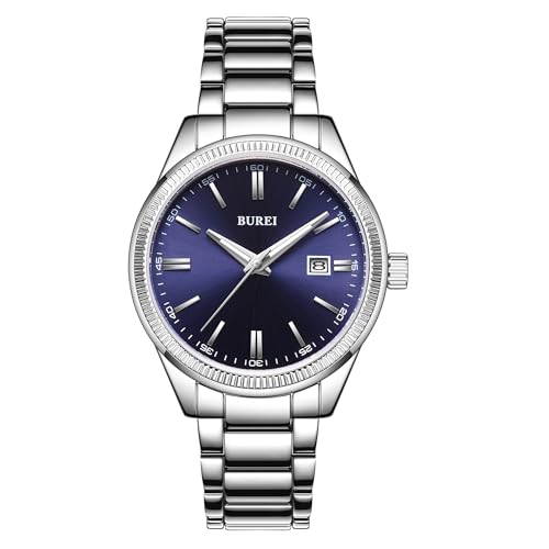 BUREI Uhren Herren Silber Edelstahl Armbanduhr Analog Quarz wasserdichte Herrenuhr Elegante Business Armbanduhren für Herren, Geschenke für Männer (Dunkelblau Silber)