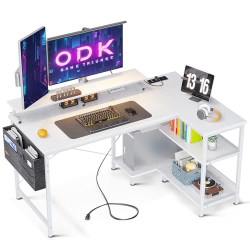 ODK Gaming Tisch L Form, 120x80cm Schreibtisch L Form mit Regal Reversibe, Eckschreibtisch mit USB Ladeanschluss & Steckdose, Ecktisch mit Monitorständer für Büro, Heimbüro, Weiß