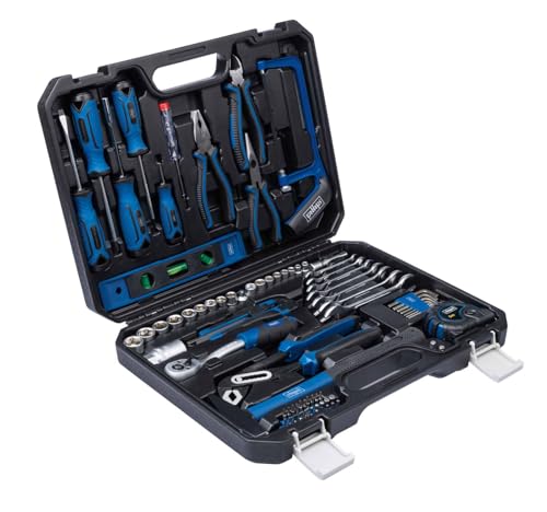 Scheppach Werkzeugkoffer WZK120 | 97-teiliges Werkzeugset in stabilem Kunststoffkoffer | Werkzeuge mit gummiertem Griff | Biteinsätze, Schraubendreher, Sechskant-Steckschlüsseleinsätze uvm.