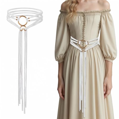 Abeillo Langer Seilgürtel, Mittelalterlicher Wikinger-Troll-Kreuzgürtel für Frauen, Ren Faire-Gürtel, Hexen-Seilgürtel, mittelalterliche Accessoires für Frauen (Weiß)