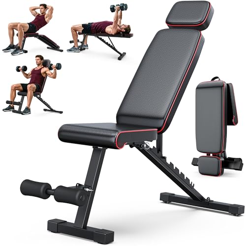 XDDIAS Hantelbank, 10-fach verstellbare Trainingsbank mit verlängerte Kopfstütze, klappbare bis 360 kg, Schräg-, Flach- & Negativbank für Heimfitness, kompakte Fitnessbank für kleines Zuhause