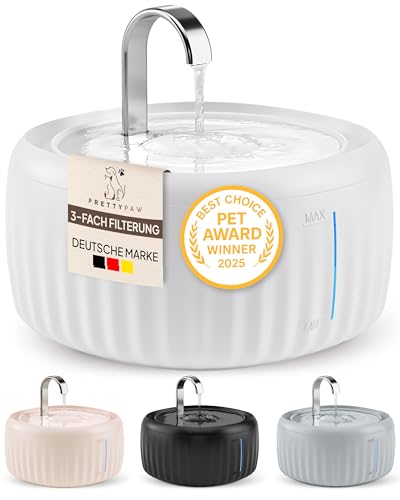 PrettyPaw Katzenbrunnen Aqua Flow Pro [NEUEINFÜHRUNG] Super leiser, BPA-freier 3L Trinkbrunnen für Katze mit LED und Aktivkohlefilter I Leicht zu reinigender Katzen Trinkbrunnen I Aqua Flow (Weiß)