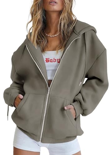 Timuspo Hoodie Kapuzen Sweatjacke Oversize Kapuzenpullover Full Zip Sweatshirt Jacke Mantel Damen Basic Lang Pullover Kapuzenjacke Hellbraun,L