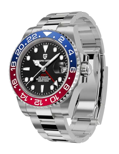 Pagani Design 1662 Herren Automatik GMT Mechanisch Edelstahl 40MM Uhr Saphirglas Wasserdicht Leuchtend Mode Business Herrenuhr(Blau Rot)