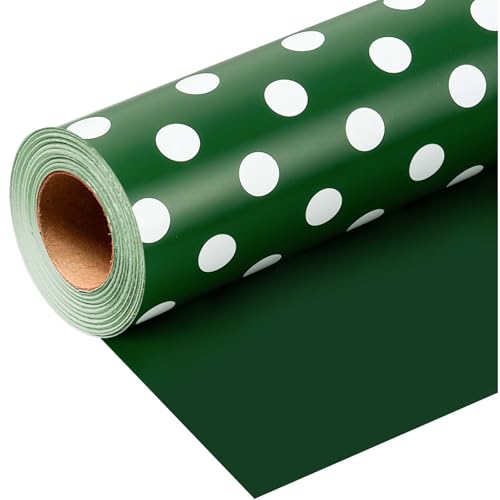 Wikadlik Geschenkpapierrolle mit weißen Punkten, 43 cm x 10 m, grünes Geschenkpapier für Geburtstag, Valentinstag, Muttertag, Vatertag, Hochzeit, Abschlussfeier, Weihnachten