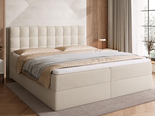 BROMARKT Boxspringbett mit Bonell Matratze und Bettkasten Doppelbett mit Topper 180x200cm Härtegrad H3 Bett für Schlafzimmer gepolsterte Kopfstütze Detroit Beige