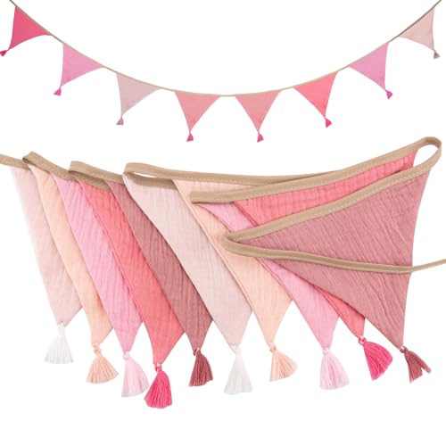 Girlande Wimpelkette Kinderzimmer, 2.6m Musselin Baumwolle Stoff Wimpelkette mit Quasten, Babyzimmer Deko Wimpel, Wetterfest Wimpel Outdoor Kinderzimmer für Mädchen und Junge (A)