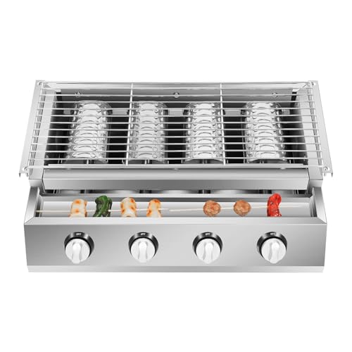 Edelstahl Gasbräter, Professional Gasgrill mit Grillrost, Höhenverstellbar Abnehmbarer BBQ Gasbräter 4-flammig Gastrobräter für Camping Balkon Garten