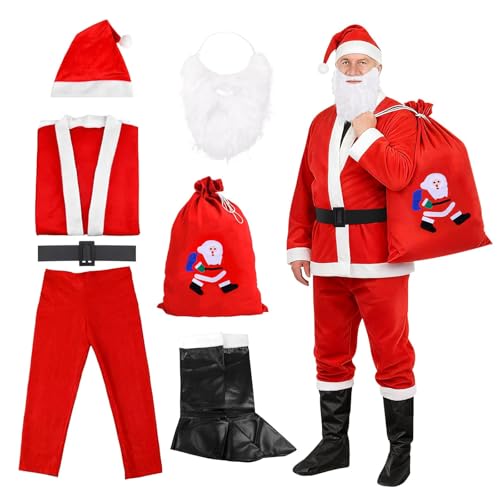 DTXYBC Weihnachtsmann Kostüm für Männer, 7-Teiliges Nikolauskostüm Erwachsene, mit Bart, Mütze, Stiefel, Kleidung, Hose, Gürtel und Geschenktüten, für Weihnachten Weihnachtsfeier Cosplay