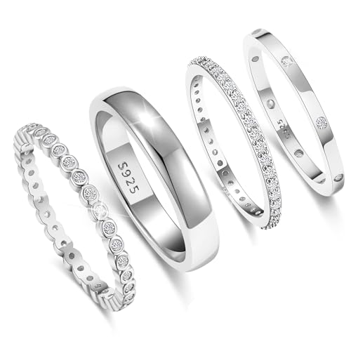 KENIY 4 Stück Silber Ringe Frauen Stapelringe mit Zirkonia 925 Silber Ringe Set Ring Silber Damen Fingerring Daumenringe Verlobungsring Schmuck