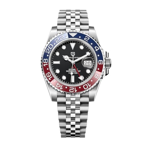 Pagani Design GMT Herren 40 mm Automatikuhr Saphirglas Edelstahl 100 Wasserbeständigkeit Analoguhr Mechanische Herrenuhren Geschenkuhr für Herren(Fünf Perlen Blau Rot)