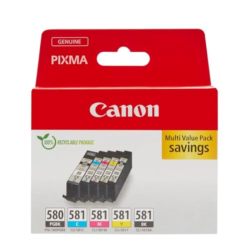 Canon Tinten-Multipack - PGI-580/CLI-581 Original Drucker Tintenpatronen 5er-Pack (1 x Schwarz, 1 x Cyan, 1 x Magenta, 1 x Gelb & 1 x Schwarz druckerpatronen)